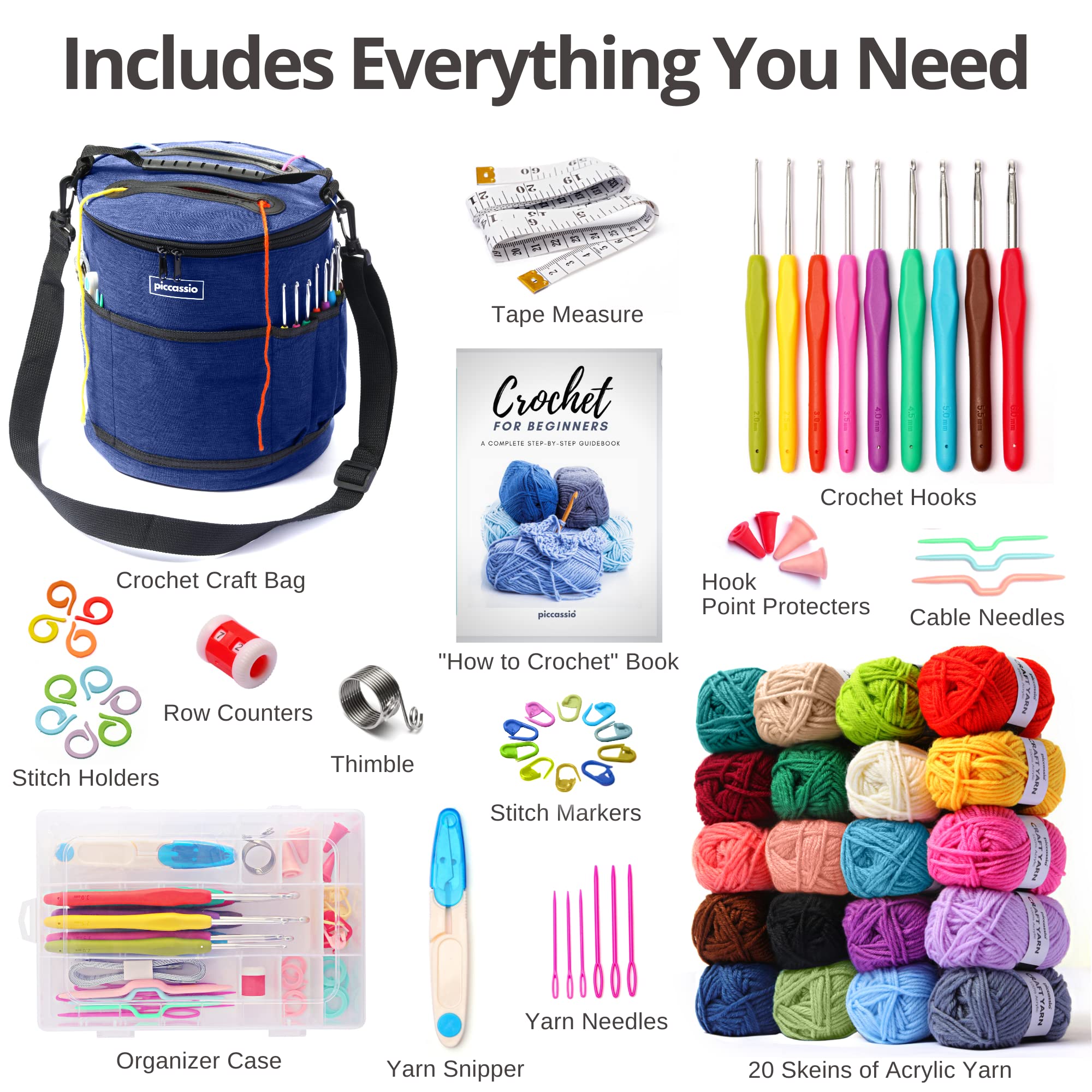Piccassio Crochet Kit for Beginners Adults and Kids – Your Complete Starter Set to Make Amigurumi and Other Projects – Includes 20 Colors Yarn, Hooks, Book, and Bag