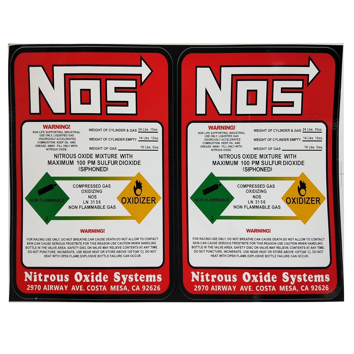 Dracary NOS Replacement 10LB Nitrous Bottle Label Sticker Decal 2PCS