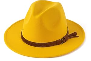 Vim Tree Unisex Wide Brim Felt Fedora Hats Men Women Panama Trilby Hat with Band (Yellow, L (Head Circumference 22.8"-23.6"))