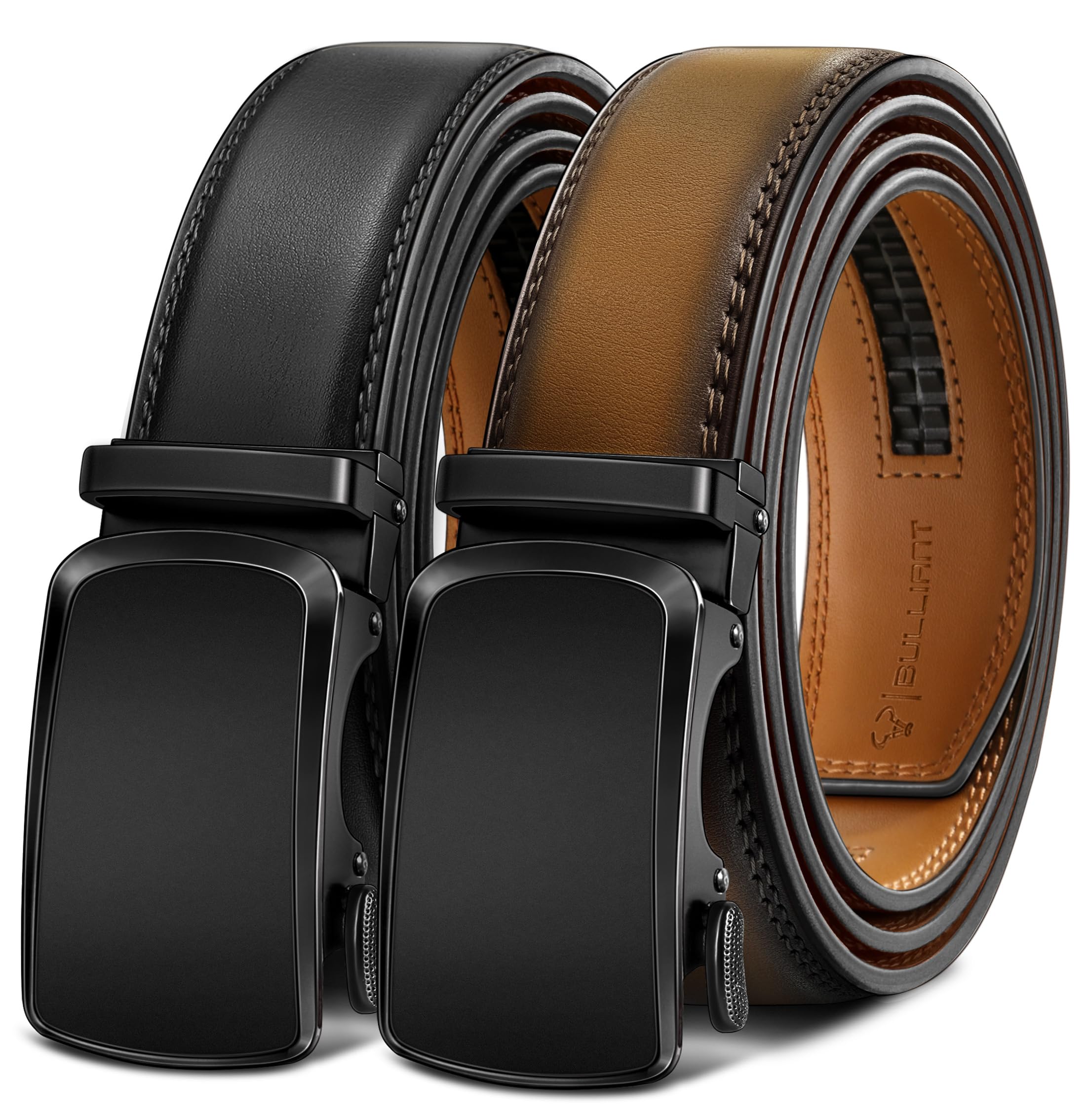 BULLIANT Men's Ratchet Belt 2 Pack-Click Leather Belt Adjustable for Men Gift 1 3/8-Cut for Perfect Fit(Black/Tawny,36"-42" Waist Adjustable) Image