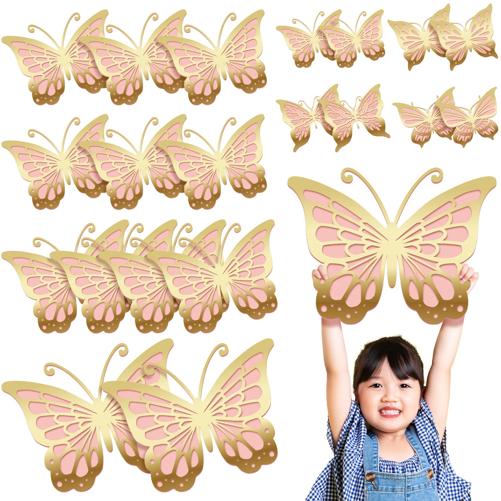 Photo 1 of Kigeli 20 Pcs Giant Butterfly Party Decorations 4 Sizes Butterfly 3D Centerpieces Gold Wall Decor Paper Cutouts for Baby Shower Wedding Party Room(Gold and Pink)
