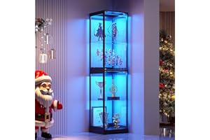 WEQUB Glass Display Cabinet with Doors, 65" Tall 4-Tier Curio Display Case with 3 Color Lights and Human Body Sensor, Bookcase for Collectibles, Black