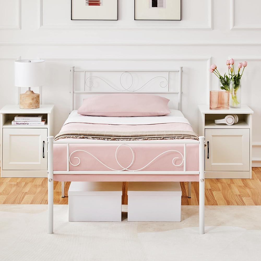 Yaheetech 3ft Single Bed Frame Metal Platform White with Scroll Headboard
