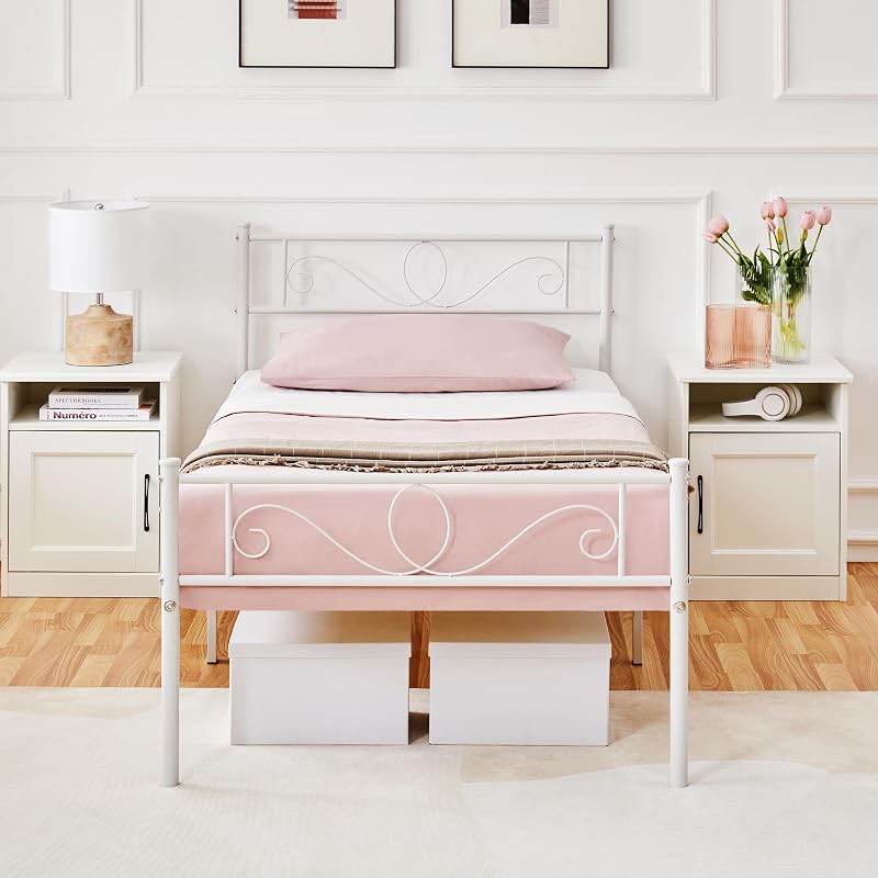 Yaheetech 3ft Single Bed Frame Metal Platform White with Scroll Headboard