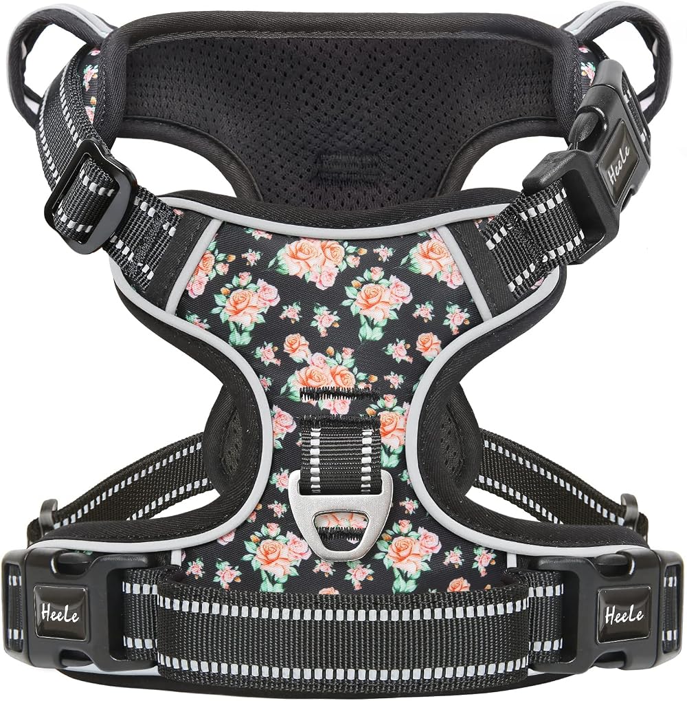 HEELE No Pull Dog Harness XL Floral-Black Front Back Clips Reflective Padding