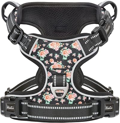 HEELE No Pull Dog Harness XL Floral-Black Front Back Clips Reflective Padding