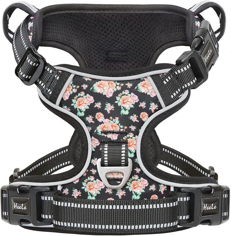 HEELE No Pull Dog Harness XL Floral-Black Front Back Clips Reflective Padding