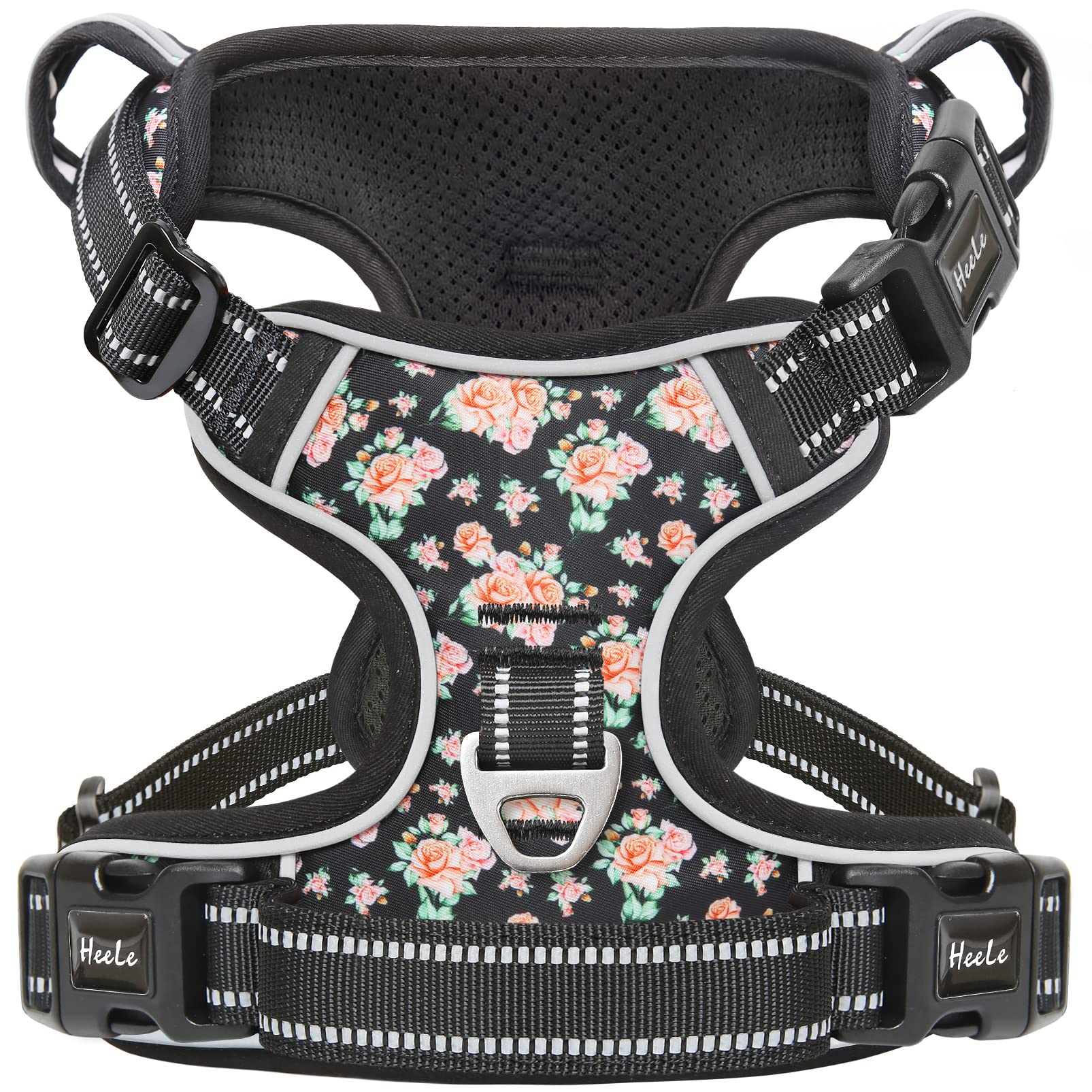HEELE Dog Harness, No Pull Dog Harness X-Large, Release on Neck, Front Back Clips Dog Vest Harness Reflective Adjustable Padded, Easy Control Handle for Outdoor Walking Training, Floral-Black, XL