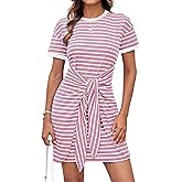 GRACE KARIN Striped Shirt Dresses for Women Front Tie Crewneck Wrap Dress Short Sleeve T-Shirt Casual Mini Bodycon Dress