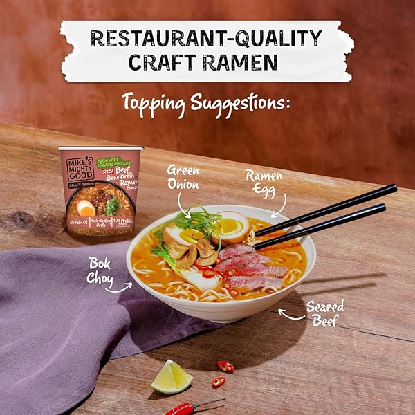 MIKE’S MIGHTY GOOD SPICY BEEF BONE BROTH RAMEN CUP (PACK OF 6) – 10G PROTEIN INSTANT RAMEN NOODLES – ORGANIC STEAMED, NON-GMO, PALM OIL-FREE – RICH TASTING, NO ARTIFICIAL FLAVORS