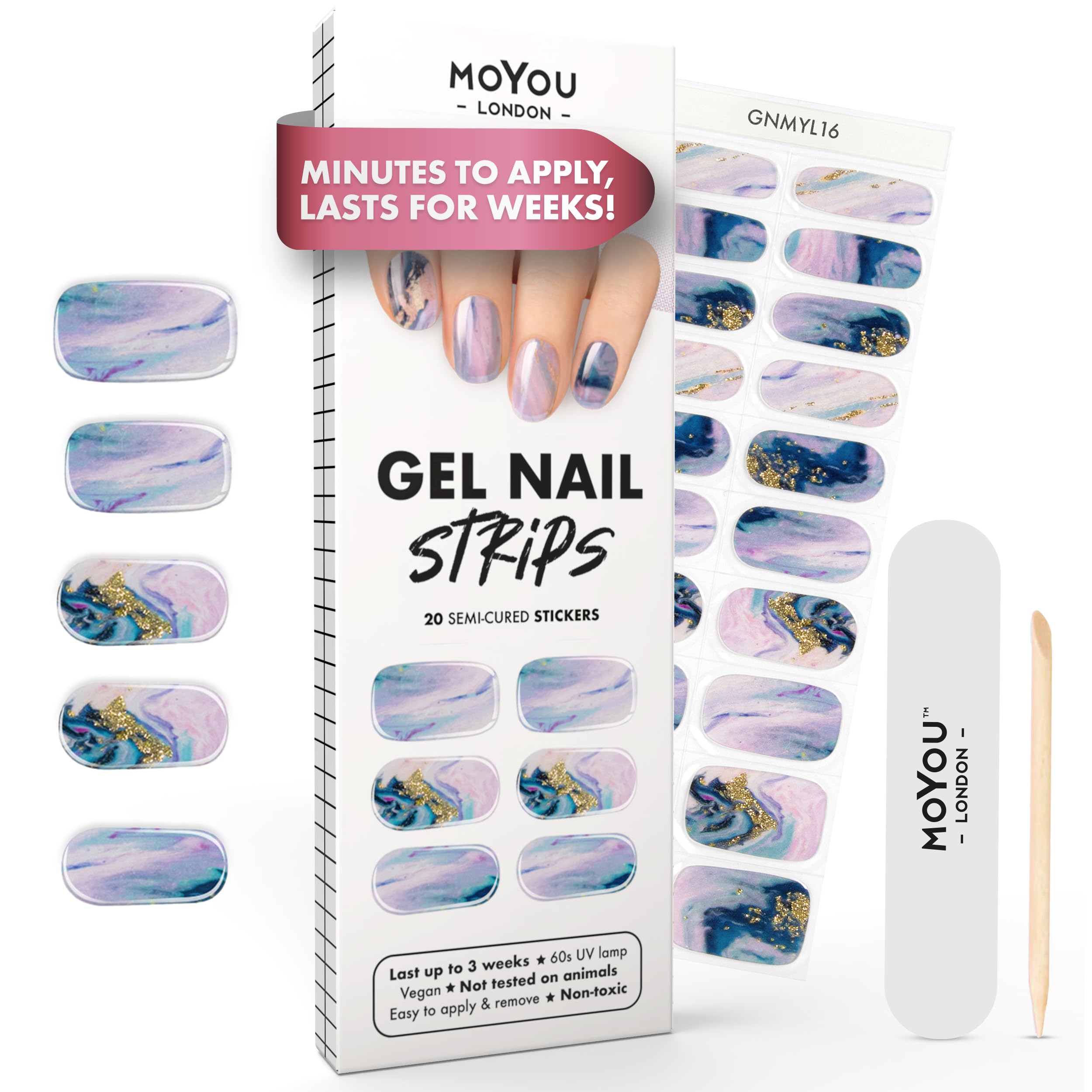 MOYOU LONDON Semi Cured Gel Nail Strips - 20 Pcs. Waterproof Gel Nail Wraps, Cures in Sunlight or UV/LED Lamp, Lasts Up to 2+ Weeks, Stretchable, Easy to Apply & Remove, Vegan & Cruelty-Free