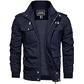 CRYSULLY Men's Cotton Military Jacket Lightweight Casual Windbreaker Stand Collar Bomber Jackets Coat with Multi Pockets