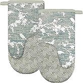 Alselo Thumb Oven Mitts, Heat and Slip Resistant Silicone Kitchen Mittens 2-Pack Set, Aqua Birds Soft Long Oven Gloves, Flexi