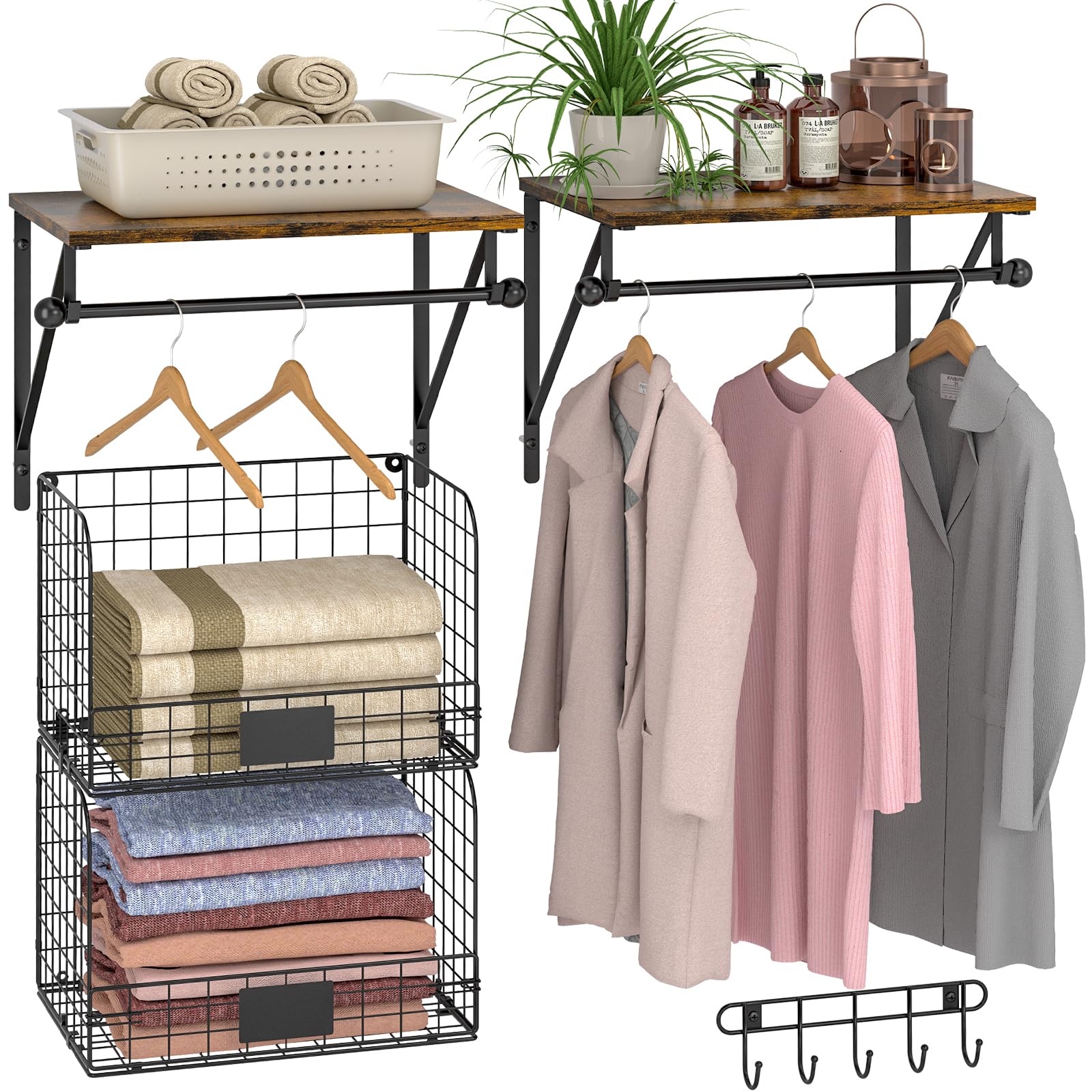 Photo 1 of Laundry Room Shelves Wall Mounted with Wire Baskets, Over the Washer and Dryer Shelf with Clothes Drying Rack, Wire Shelves Baskets for Laundry Closet Organization and Storage, Wood+Metal, Black