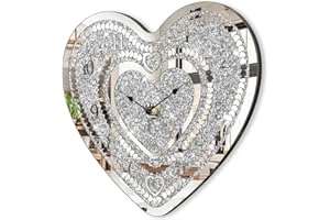 Crystal Wall Clocks for Living Room Decor Heart Shape Silver Diamond Mirrored Wall Clock with Sparkle Twinkle Bling Crushed D