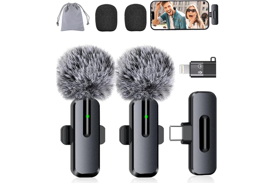 Wireless Mini Microphone for iPhone, Android - 2 Pack Lavalier Microphone for Video Recording, 2 In 1 Noise Reduction Lapel Mic for Ipad, Clip-on Mini Mic with USB-C for Content Creators Podcast