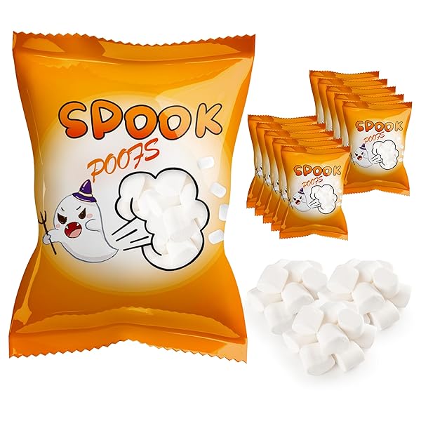 4E’S NOVELTY 24 PACK HALLOWEEN MINI MARSHMALLOWS – SPOOK POOF – INDVIDUALLY WRAPPED VANILLA FLAVOR – HALLOWEENS CANDY FOR KIDS IN BULK, SNACKS FOR TRICK OR TREAT, 17 MARSHMALLOWS IN EACH BAG