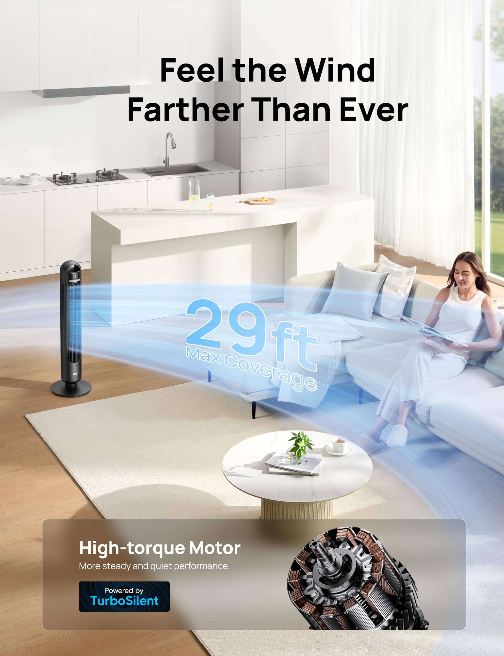Dreo Tower Fan for Bedroom, 90° Oscillating Standing Fans for Room with 4 Speeds, 3 Modes, 28dB Quiet for Sleep, 25ft/s Velocity, 8H Timer, Remote, Living Room, Office, Home, Black, TF117