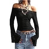 RoseSeek Women's Boho Gothic Lace Off The Shoulder Tops Bell Sleeve Sheer T Shirts Fitted Crop Tops