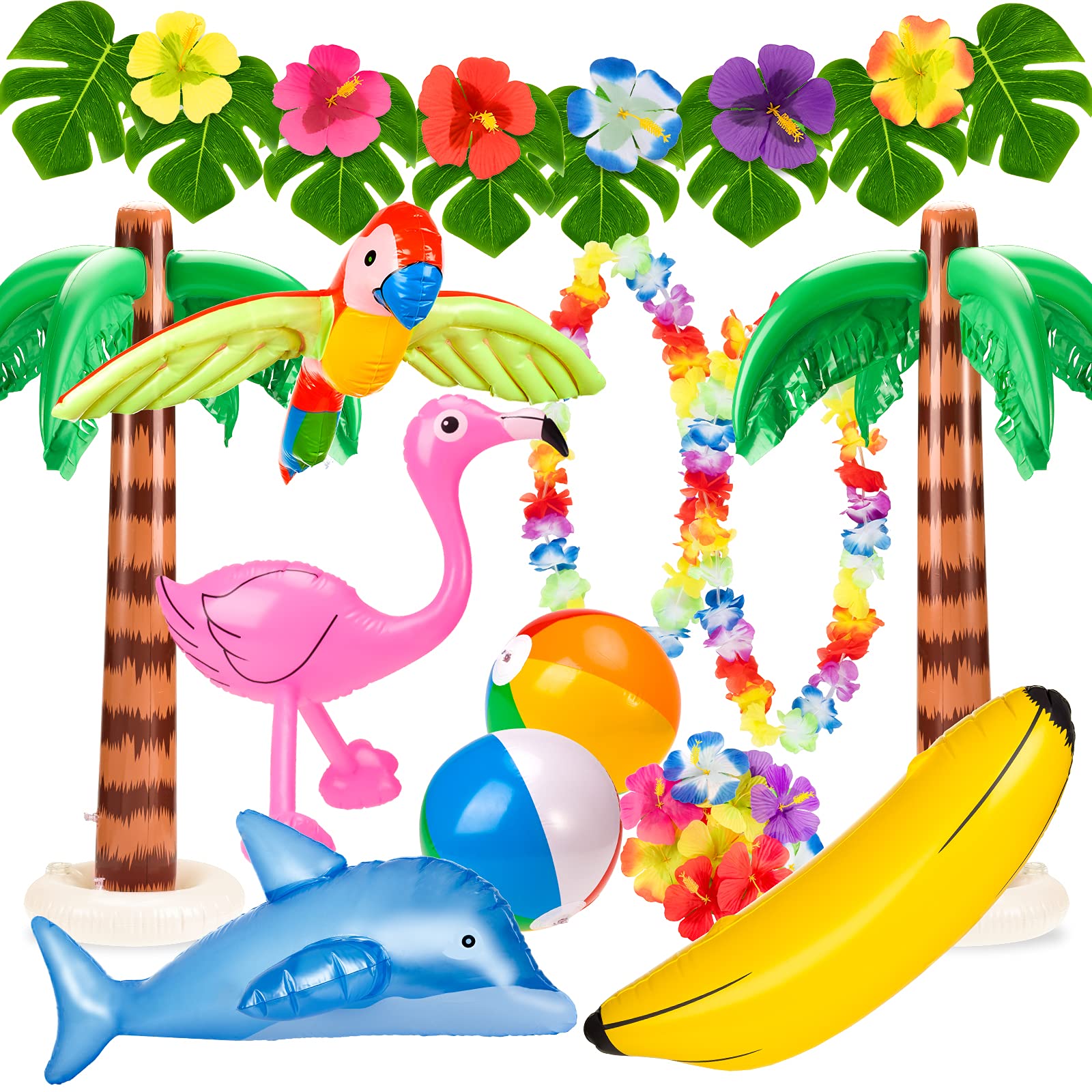 Whaline 31pcs Hawaiian Party Toys Set Inflatable Flamingo Palm Trees Beach Ball Banana Dolphin Parrot with Palm Leaves Hibiscus Leis Luau Flower Necklace for Hawaii Summer Beach Pool Party Supplies