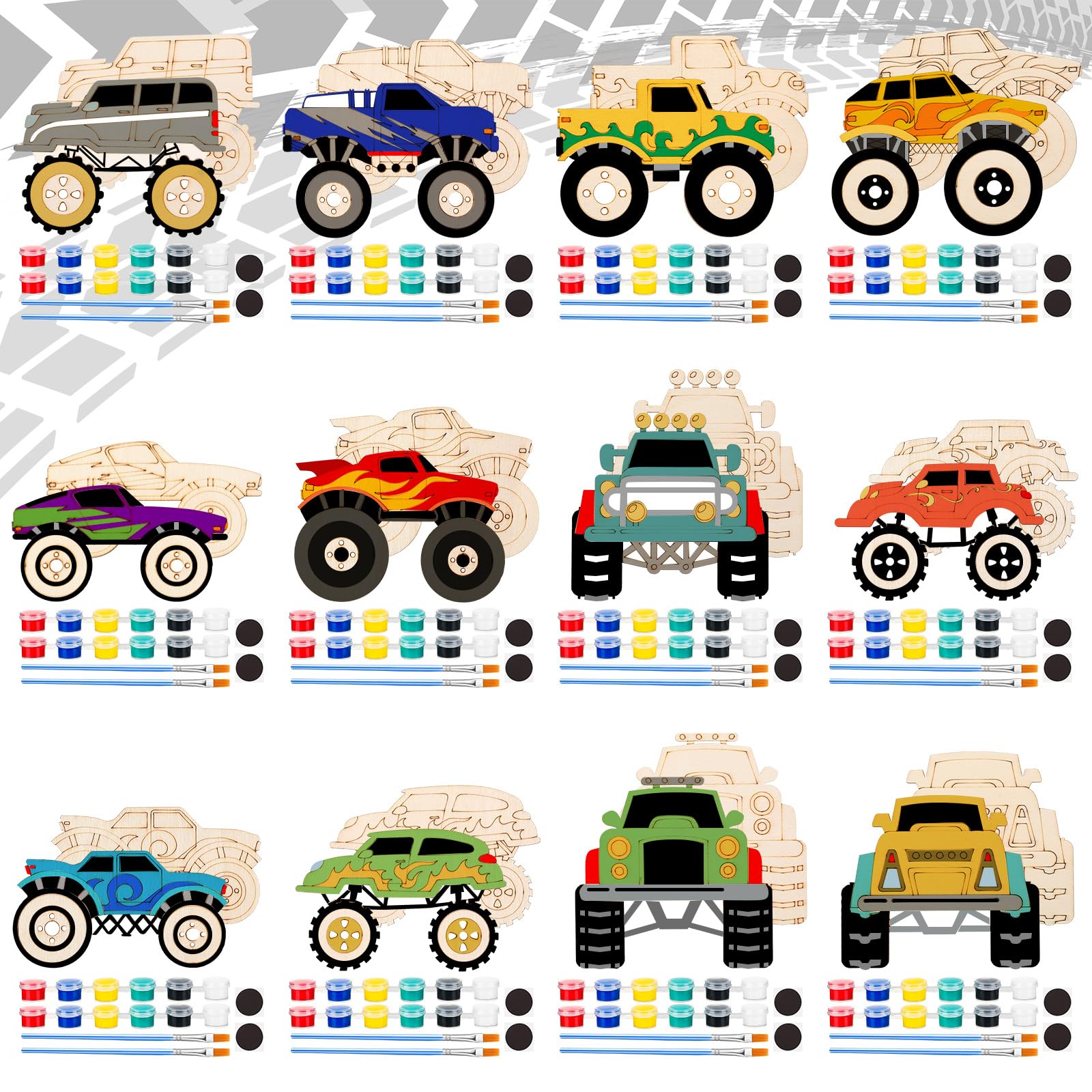 Photo 1 of JellyArch 24 Pcs Unfinished Wood Monster Truck Cutouts Crafts Truck Party Favors Vehicles to Paint Wooden Car Magnets Ornaments DIY Tags Gift for Car Party Decoration Craft Project