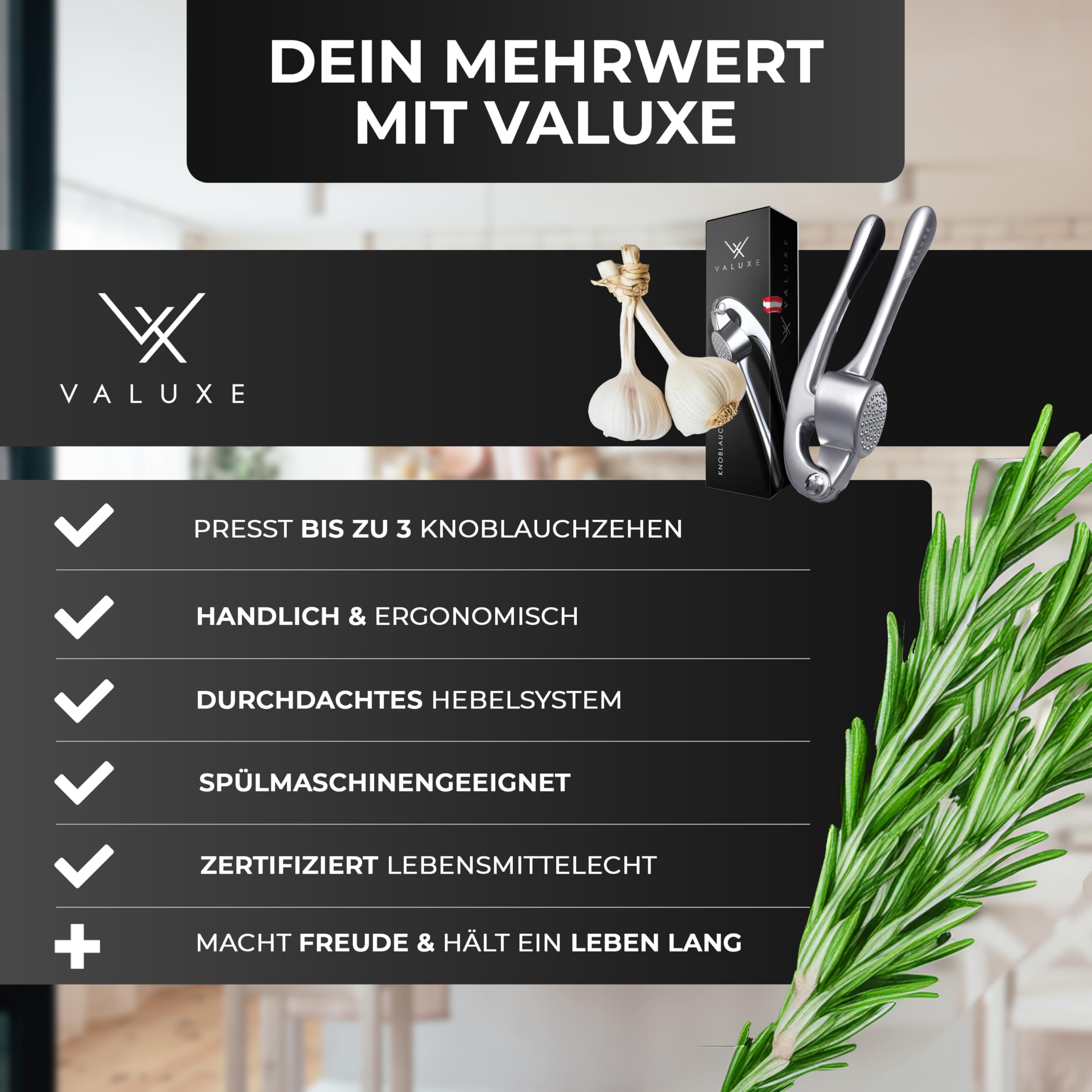 VALUXE® Knoblauchpresse spülmaschinenfest mit kraftvoller Hebelwirkung - Praktische Knoblauch-Presse - Profi Garlic Press Crusher, Handpresse hochwertig & robust 6