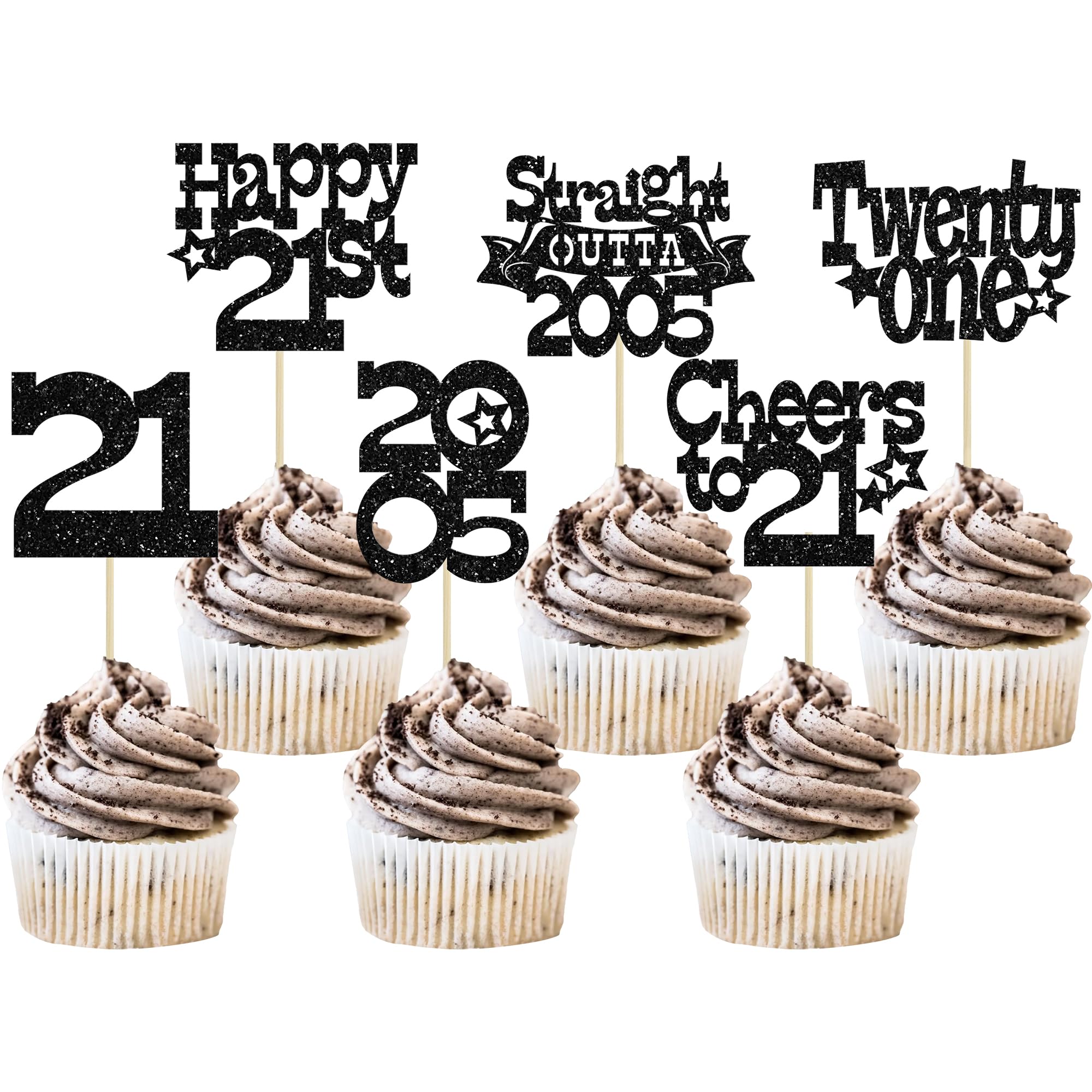 Ephlyn 30Pcs Straight Outta 2005 Cupcake Toppers Glitter Twenty-One Happy 21st Birthday Cupcake Picks Cheers to 21 Years Cake Decorations for 21st Birthday Anniversary Party Supplies Black
