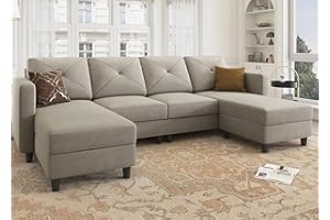 HONBAY U Shaped Sectional Sofa Convertible Couch with Double Chaises 4 Seat Sofa with Ottomans for Living Room, Velvet Light Grey