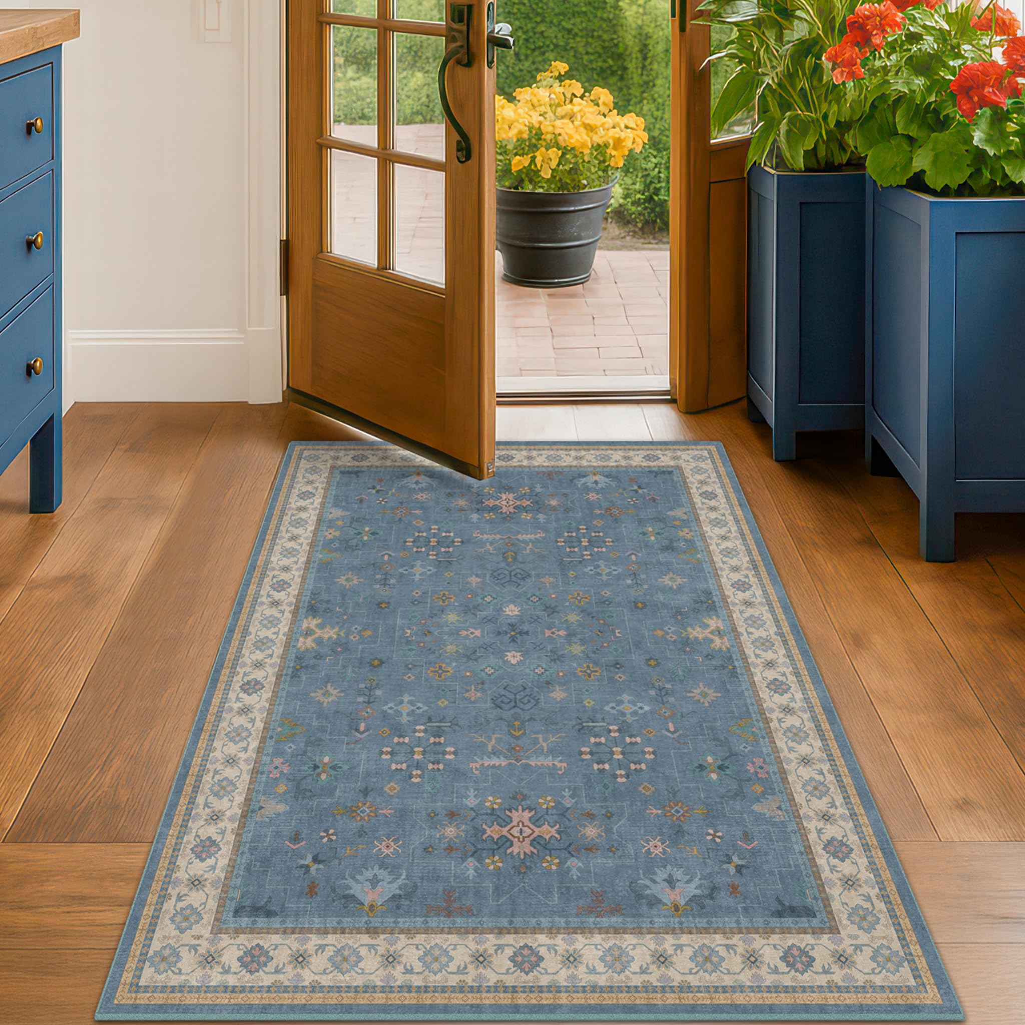 Washable Blue Rugs for Entryway Indoor - 3x5 Throw