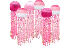 MEIDUO 6 Packs Jellyfish Paper Lanterns Hanging Mermaid Wishes Lantern Gradient Pink Rose Red Ocean Theme Party Supplies Great for Kids Birthday Decors, Baby Shower Baby Room