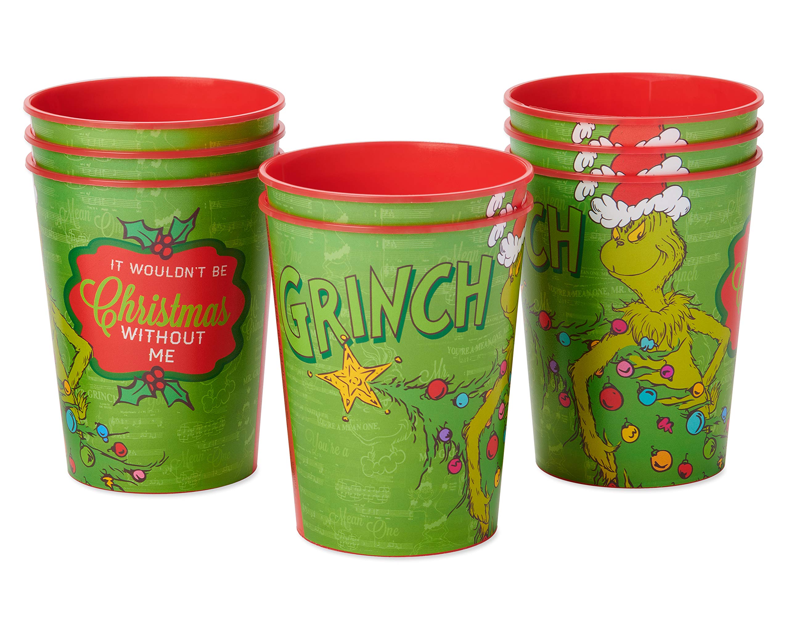 American Greetings 8-Count 16 oz. Reusable Plastic Cups, Grinch Christmas Party Supplies