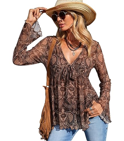 ZXZY Women Long Sleeve V Neck Hollow Out Floral Print Shirt Tops