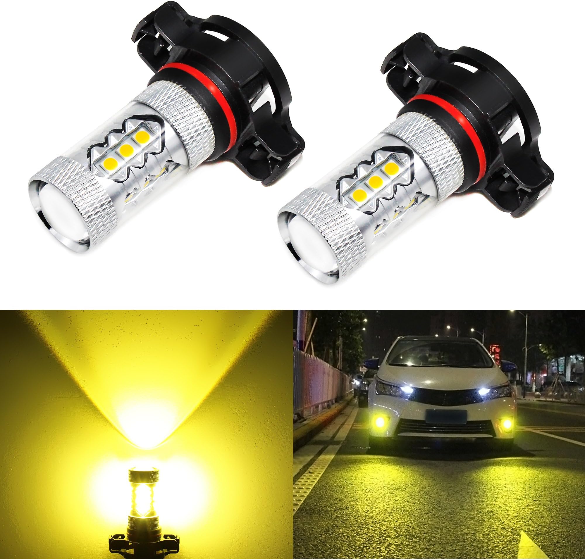 Phinlion 2000 Lumens Super Bright 3030 16-SMD Gold Yellow PSX24W 2504 LED Fog Light Bulbs for DRL or Fog Lights Replacement