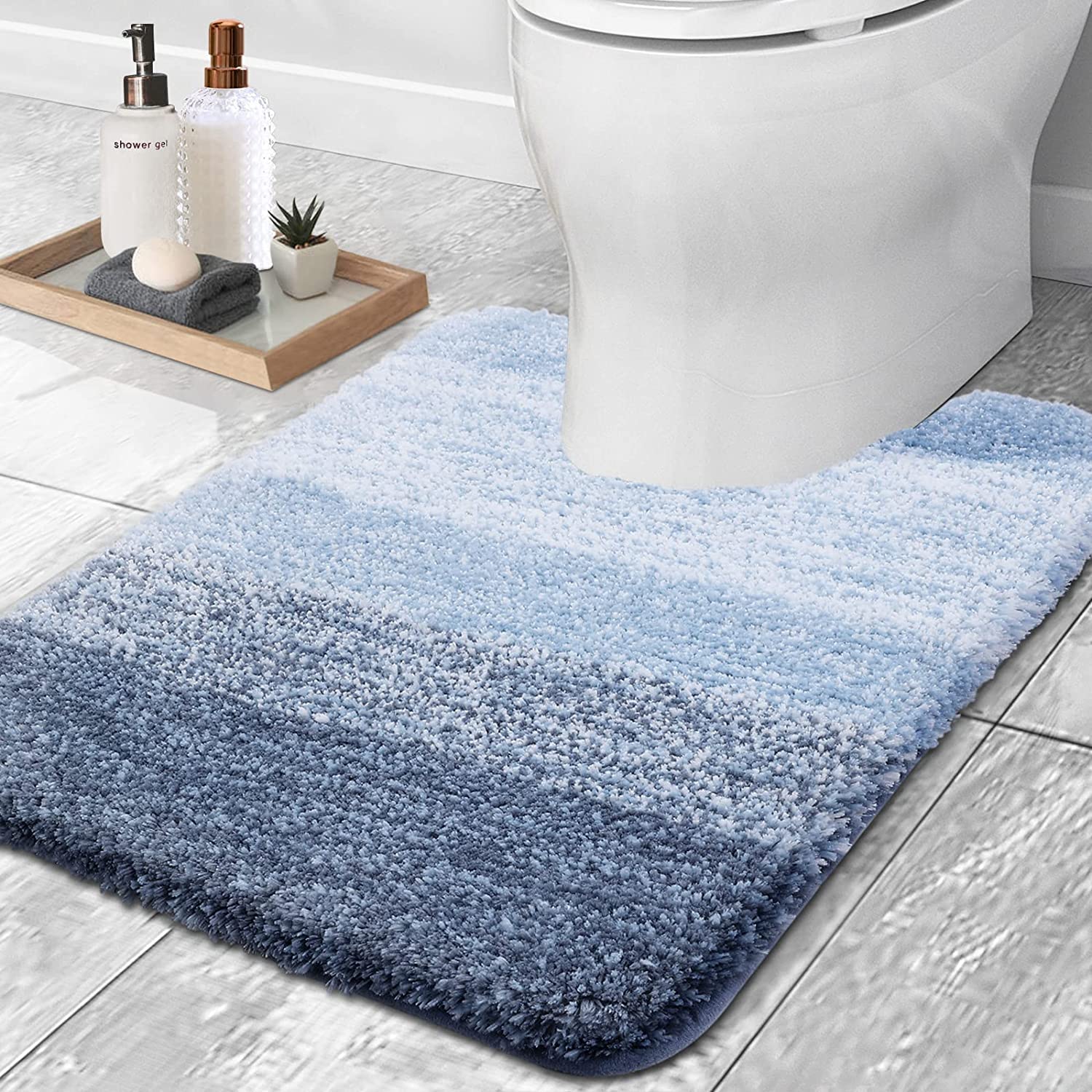 smiry Microfiber U-Shape Toilet Mat, Non-Slip Shaggy Soft Pedestal Mat for Bathroom, Water Absorbent bath mat, 50 x 60 cm, Blue