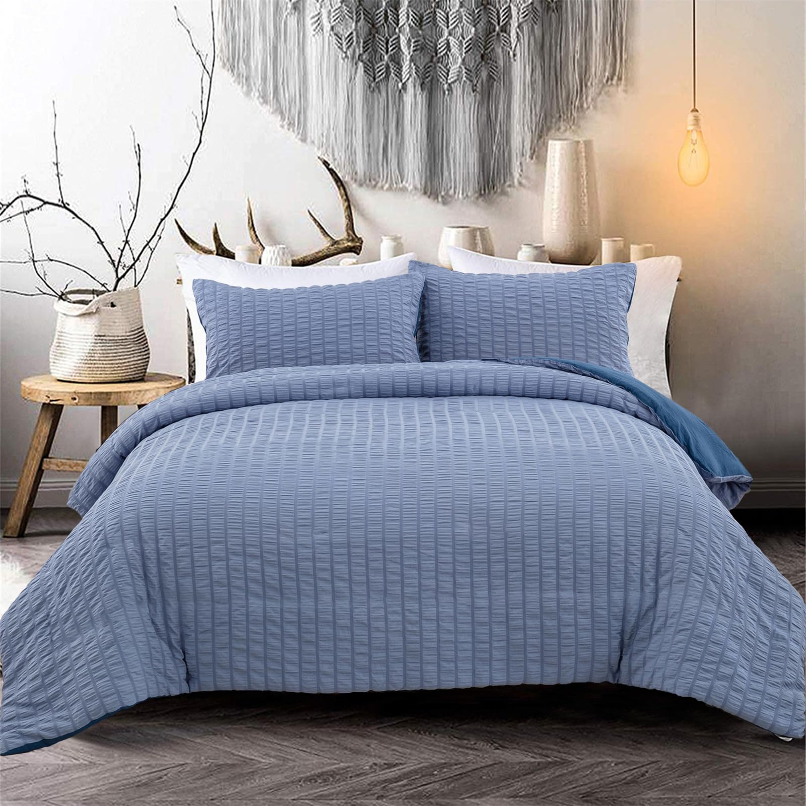 WONGS BEDDING Blue Classic Seersucker Duvet Cover Set Pinch Pleat Duvet Cover Puckering and Crimping Duvet Cover,Soft Microfibre,Double Size 200 x 200 cm — image 1
