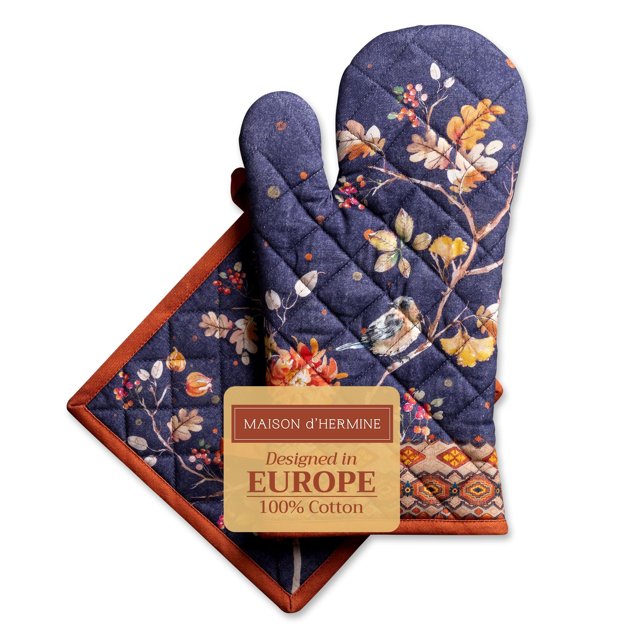 Maison d' Hermine 100% Cotton Oven Mitt & Pot Holder Set (19 x 33 cm & 20 x 20 cm) Heat Resistant BBQ Cooking Gloves with Loop for Christmas Decorations Baking Handling Hot Pans (Kelim - Infinity)