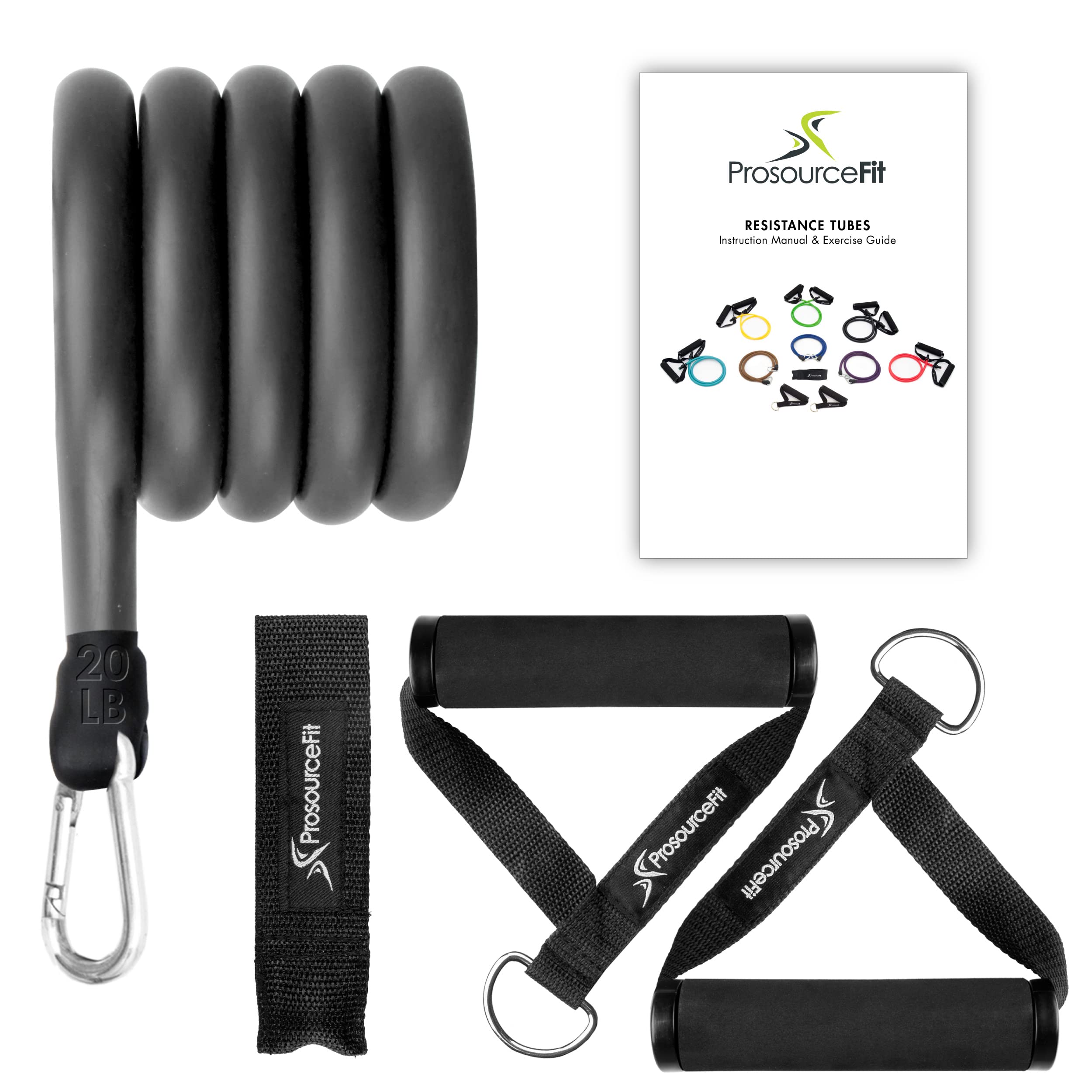 ProsourceFit Single Stackable Resistance Bands with Door Anchor and Exercise Guide, 16-20 LB, Heavy Duty Fitness Tube for Full-Body Exercises and Home Workouts, Black