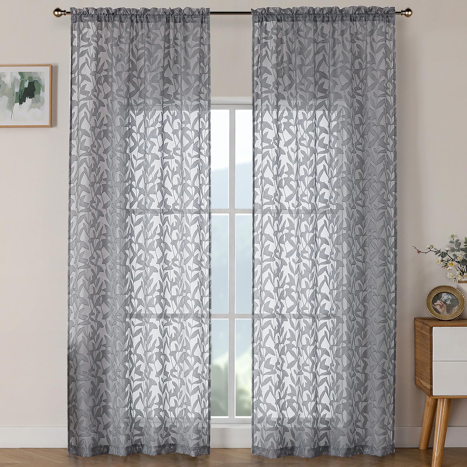OWENIE Leyna Extra Long Charcoal Gray Curtains 96 Inches Long 2 Panels Set for Living Room Bedroom, Airy Leaf Clip Jacquard Textured Light Filtering Curtains, Double Rod Pockets Drapes, 40Wx96L Inch