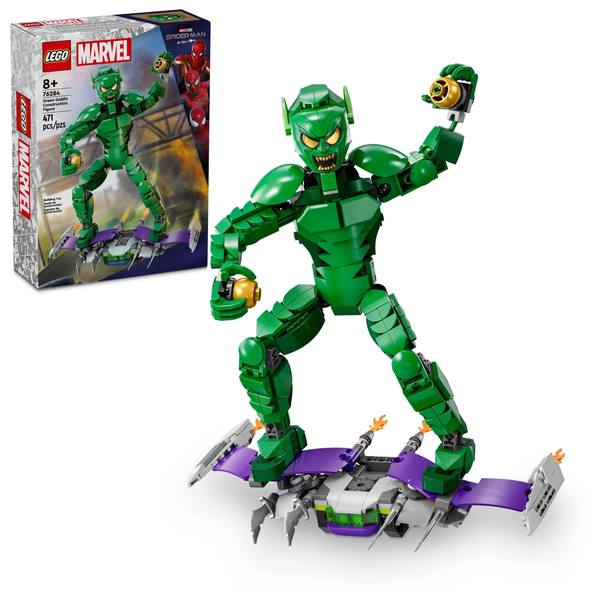 Photo 1 of LEGO Marvel Green Goblin Construction Figure - Building Toy for Boys & Girls, Ages 8+ - Marvel Villain Action Figure W/Glider and Pumpkin Bombs - Gift for Fans - 76284