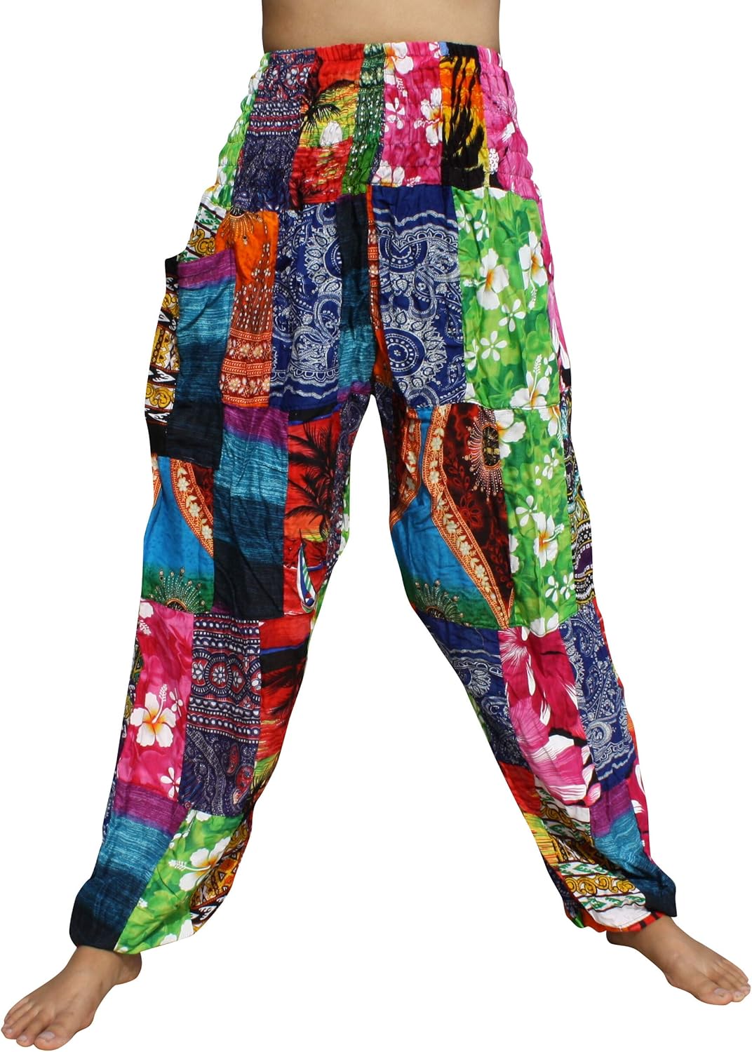 Full Funk Smock Waist Long Rayon Harem Pants in Colorfully Stitched Patchwork