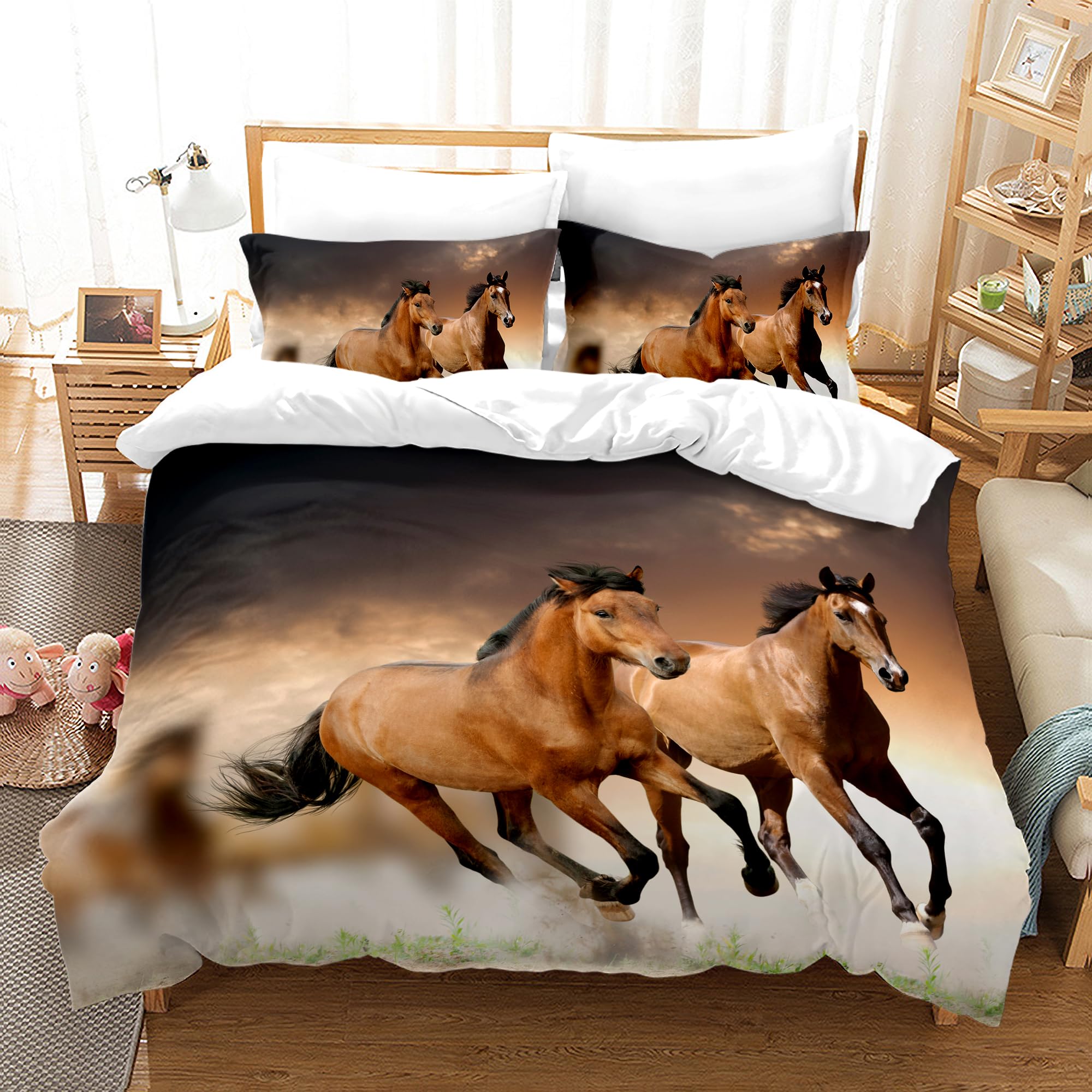 KAIDAARTLH Horse Print Bedding Set 220x240cm, Microfibre Duvet Cover with Zipper, Including 1 Duvet Cover and 2 Pillowcases (Horse-2, 220x240cm)