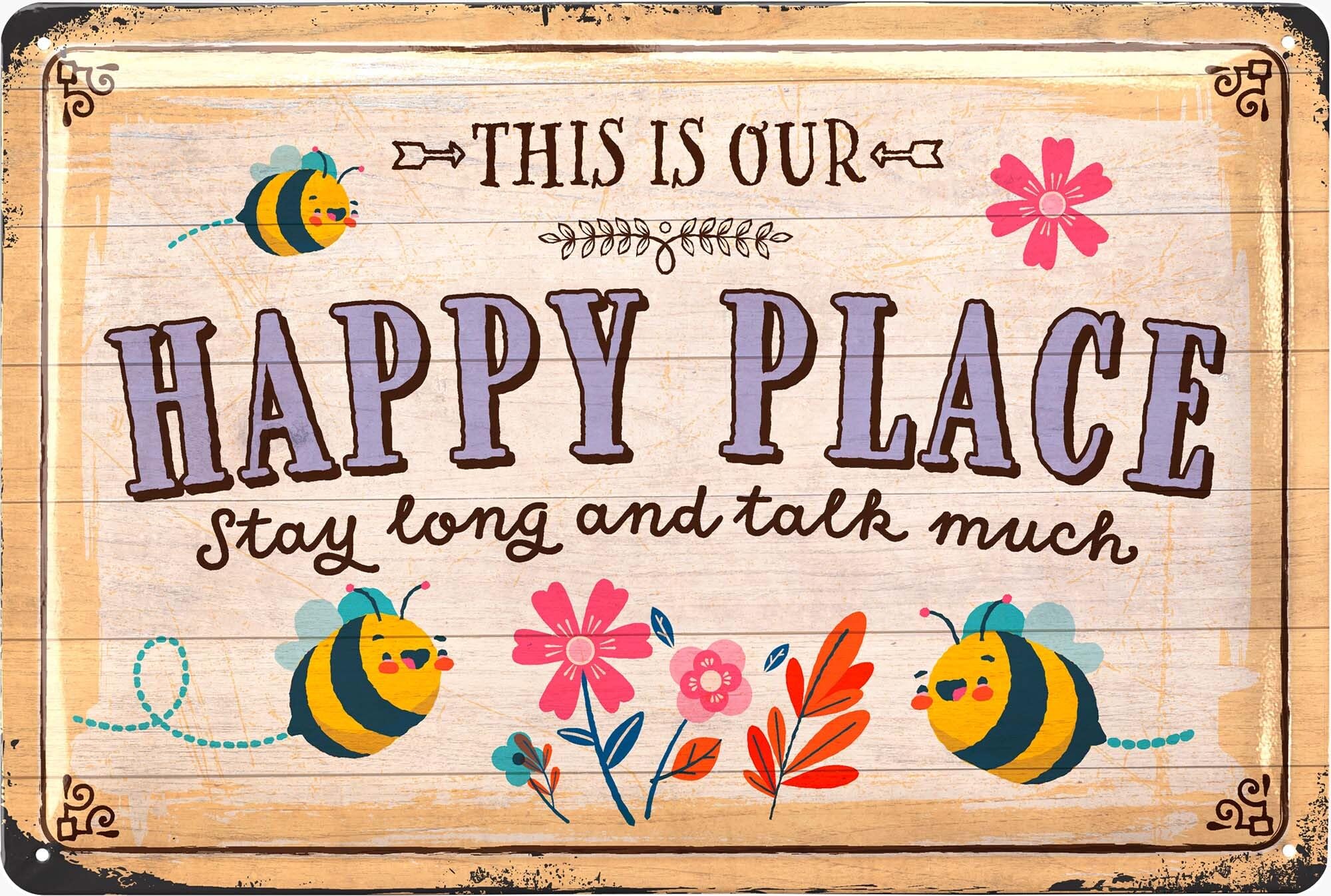 LANOLU Vintage Tin Sign - This is Our HAPPY PLACE, Metal Garden Plaque - Decorative Outdoor Sign, 12x8"