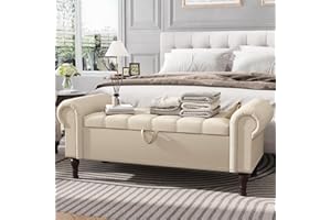 Apicizon 51”Storage Ottoman Bench, Soft Faux Leather Indoor Bench with Rolled Arm and Vintage Rivets, Large Storage Chest for Bedroom, Living Room, Entryway，Beige+Brown Legs