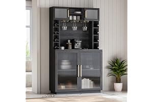 BELLEZE Coffee Wine Bar Cabinet with Power Outlet, 72" Rustic Liquor Cabinet, Fluted Buffet Cabinet with Storage Kitchen Pantry Cupboard Wine & Glasses Rack Server with Hutch for Dining Room - Ebony