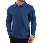 Mens Casual Polo Shirts Long Sleeve Striped Textured Slim Fit Lightweight Soft Classic Collared Golf Shirts