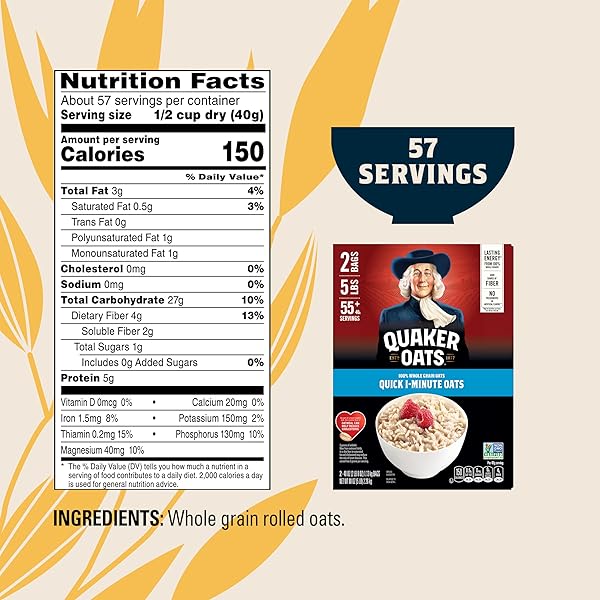 QUAKER OLD FASHIONED ROLLED OATS, NON GMO PROJECT VERIFIED, TWO 64OZ BAGS IN BOX, 90 SERVINGS, 4 POUND (PACK OF 2)