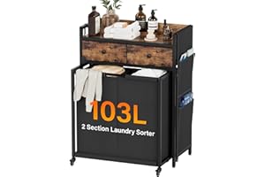 SAKSUN Laundry Hamper Sorter 2 Section: Rolling Laundry Basket Organizer with Wheels for Room Organization and Storage - Clothes Hamper with Shelf & Oxford Fabric Drawers & Bags