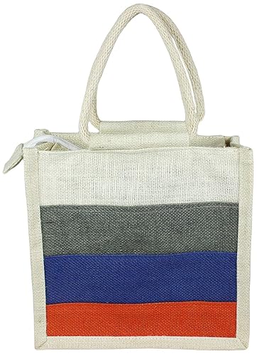 Neska Moda Unisex Multicolor Handheld Jute Bag Cum Lunch Bag Zip Closure Plastic Laminated Inside BG85
