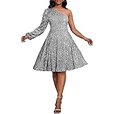 VERWIN Women's Sequins One Shoulder Long Sleeve Skater Dress - Sleeveless Midi Sparkly Casual Party Cocktail