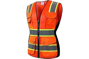 JKSafety 9 Pockets Women Hi-Vis Reflective Safety Vest | Mesh Neon Orange| Reflective Strips with Yellow Extended Trims | ANSI Compliant (168-Orange, M)